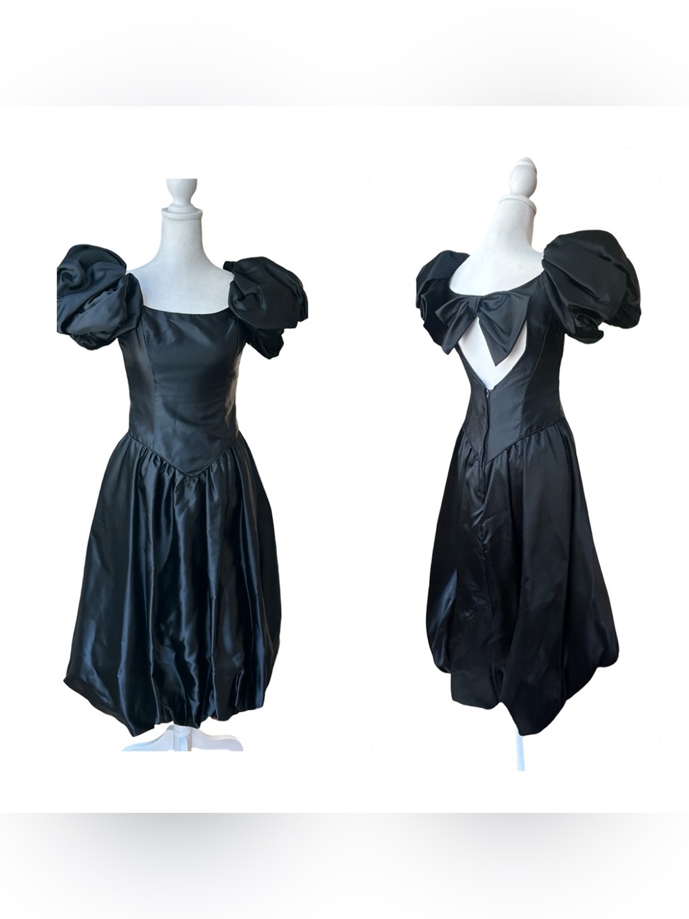 VTG 80s black satin drop V waist puff sleeve Victorian Edwardian prom dress 5/6